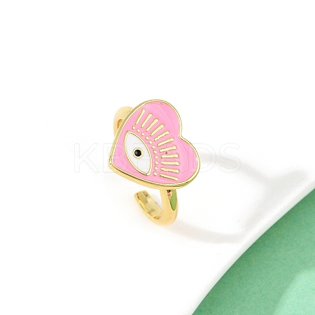 Pink Color Enamel Heart with Eye Open Cuff Ring RJEW-F135-08G-1