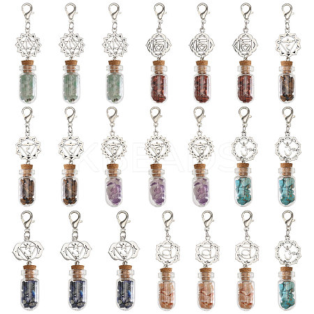 7 Chakra Natural Red Aventurine & Red Jasper & Green Aventurine & Tiger Eye & Synthetic Turquoise & Amethyst & Lapis Lazuli Chips inside Glass Wishing Bottle Pendant Decorations HJEW-FH00148-1