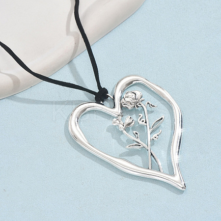 Birth Flower Heart Zinc Alloy Pendant Black Faux Suede Cord Necklaces for Women FS-WGA5BEC-04-1