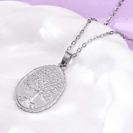 Oval Tree of Life 304 Stainless Steel Pendant Necklaces NJEW-M096-10P-1