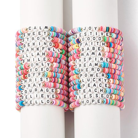 30Pcs 30 Style Polymer Clay Heishi Beaded Stretch Bracelets Set with Inspiration Word BJEW-JB07593-1