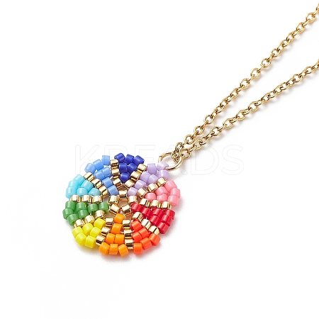 Rainbow Color Japanese Seed Braided Flower Pendant Necklace with 304 Stainless Steel Chains for Women NJEW-MZ00004-1