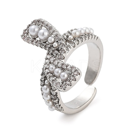 Rack Plating Brass Micro Pave Cubic Zirconia Bowknot Open Cuff Rings for Women RJEW-C080-04P-1