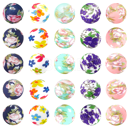 30Pcs 5 Styles Round with Flower Food Grade Eco-Friendly Silicone Beads SIL-SC0002-02-1