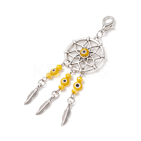 Woven Net/Web with Feather Tibetan Style Alloy Pendant Decorations HJEW-TAC0018-04-1