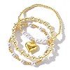 3Pcs 3 Styles Brass & Imitation Pearl & Glass Seed Bead Stretch Bracelets  Heart Charm Bracelets for Women SD2204-5-1