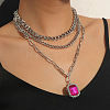 3Pcs Elegant Alloy Fuchsia Rhinestone Rectangle Pendant 3 Layer Necklaces Sets QV2693-2-3