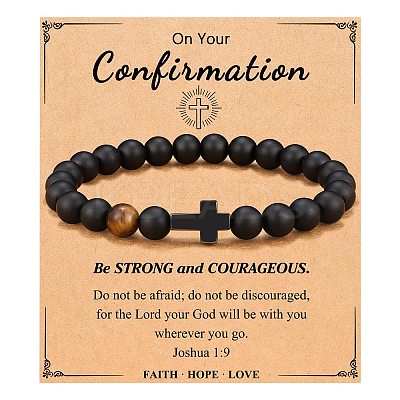 Cross Natural Tiger Eye & Frosted Black Obsidian Round Beads Stretch Bracelets for Men Women WG92FBF-06-1