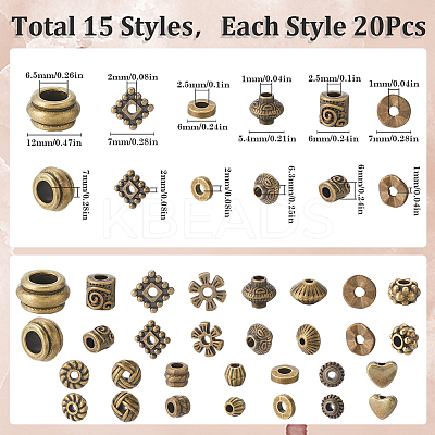 300Pcs 15 Styles Tibetan Style Alloy Beads Set FIND-SP0002-16D-1