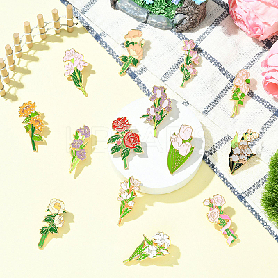 14Pcs 14 Styles Flower Enamel Pins JEWB-CJ0001-75-1