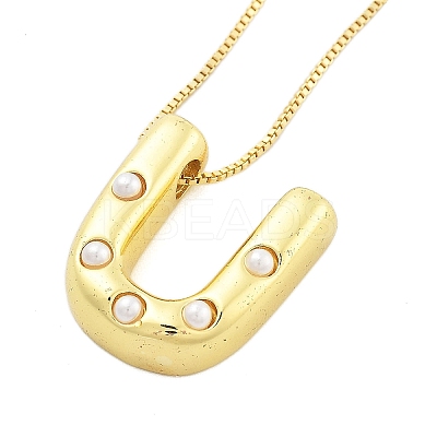 Brass & Plastic Pearl Letter Pendant Box Chain Necklaces for Women NJEW-U017-01G-21-1
