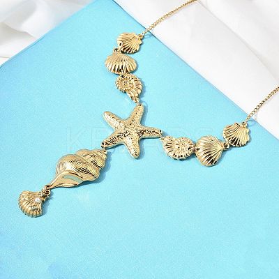 Summer Beach 304 Stainless Steel Starfish Shell Shape Pendant Y Necklaces for Women NJEW-A063-15G-1