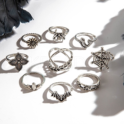 9Pcs 9 Styles Aniaml Alloy Spider & Snake & Bat & Flower Finger Rings Sets for Women PW-WG5EE65-01-1