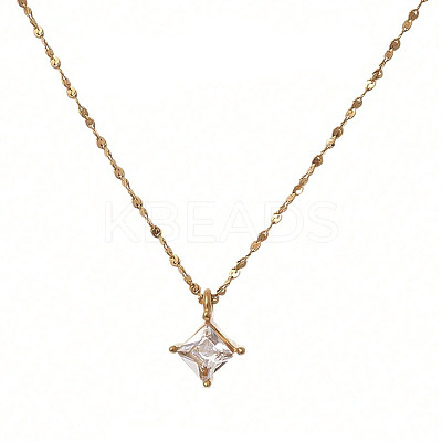 Rhombus 304 Stainless Steel Pave Clear Cubic Zirconia Pendant Necklaces FS-WG09C14-01-1