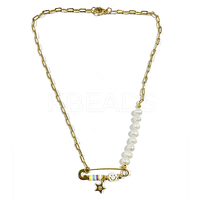 Smiling Face Star Safety Pin Pendant Necklace for Girl Women NJEW-SW00002-02-1