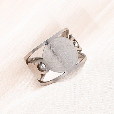 304 Stainless Steel Rhinestone Saint Benedict Open Cuff Rings RJEW-M069-01P-1