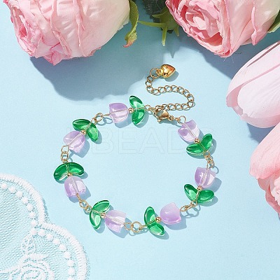 Glass Tulip Flower Beaded Bracelet with 304 Stainless Steel Clasps BJEW-JB09959-01-1
