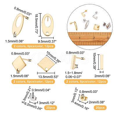 36Pcs 3 Style 304 Stainless Steel Stud Earring Findings STAS-CA0001-42-1