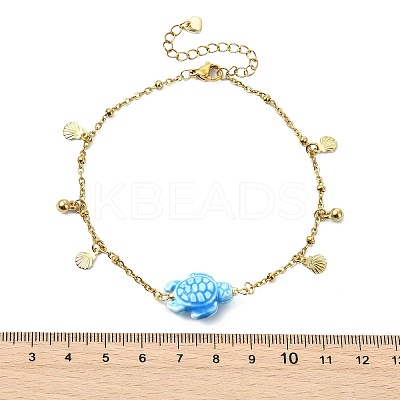 304 Stainless Steel Satellite Chain Dyed Synthetic Turquoise Blue Turtle Link Summer Beach Anklets for Women AJEW-AN00802-1