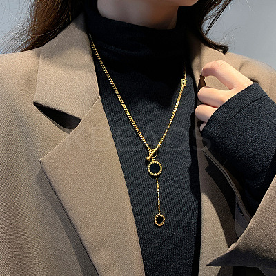 Flat Round with Letter B 316L Surgical Stainless Steel Black Acrylic Roman Numerals Pendant Y Necklaces for Women FS-WG00E23-01-1