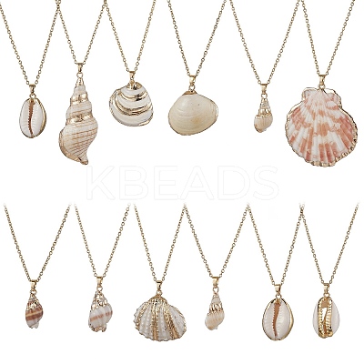 12Pcs 12 Styles Electroplated Natural Mixed Shell Pendant Necklaces NJEW-JN05212-1