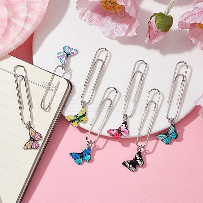 7Pcs 7 Colors Butterfly Alloy Enamel Pendant Bookmarks AJEW-JK00267-1