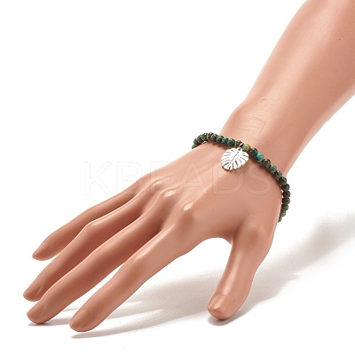 Natural Australian Turquoise(Jasper) Round Beaded Stretch Bracelet with Leaf Charm BJEW-JB07587-02-1
