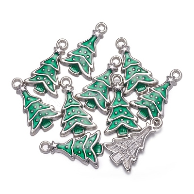 Medium Sea Green Christmas Tree Enamel Alloy Pendants X-EAP0307Y-1