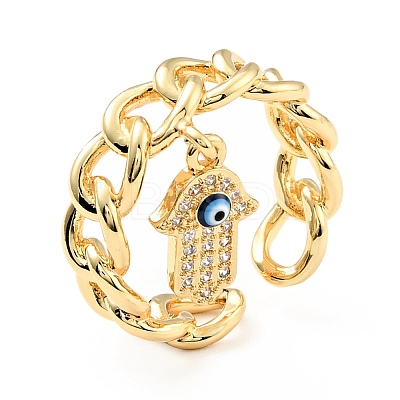 Cubic Zirconia Hamsa Hand with Evil Eye Open Cuff Ring with Enamel KK-D080-05G-1