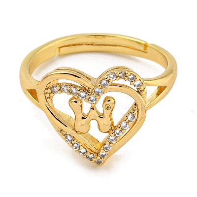 Heart with Letter Rack Plating Brass Micro Pave Clear Cubic Zirconia Adjustable Rings for Women RJEW-I105-01G-W-1