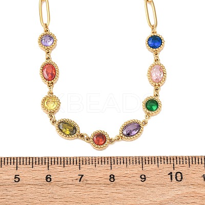 304 Stainless Steel Colorful Cubic Zirconia Flat Round Oval Link Chain Necklaces for Women NJEW-A051-06G-1