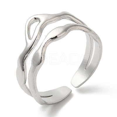 Non-Tarnish 304 Stainless Steel Hollow Wave Open Cuff Ring for Women RJEW-I098-03P-1