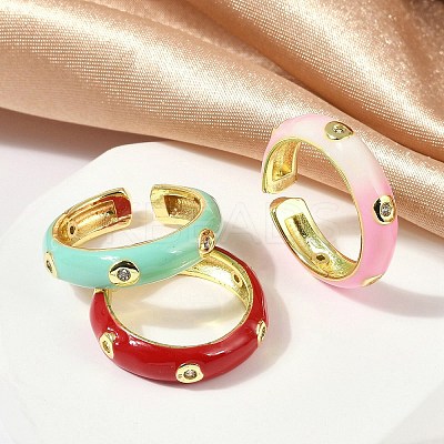 Brass Micro Pave Clear Cubic Zirconia Enamel Cuff Rings for Women RJEW-L113-020G-1