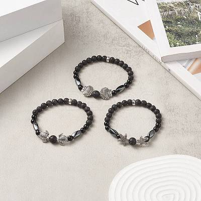 3Pcs 3 Style Natural Lava Rock & Black Onyx Beaded Stretch Bracelets Set BJEW-JB09237-1