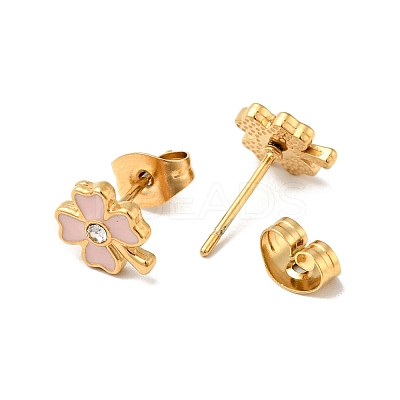 Ion Plating(IP) Enamel Clover with Crystal Rhinestone Stud Earrings with 316 Surgical Stainless Steel Pins EJEW-A081-12G-1
