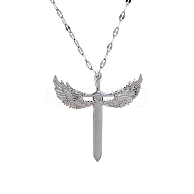 Brass Clear Cubic Zirconia 3D Cute Wing Sword Pendant Necklaces for Daily Wear GF5627-2-1