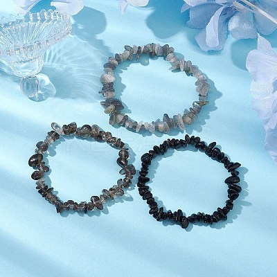 3Pcs Natural Smoky Quartz & Natural Obsidian & Natural Labradorite Chip Beaded Stretch Bracelet Sets BJEW-JB10860-1