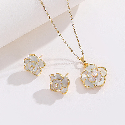 Brass Enamel Flower Pendant Necklaces & Stud Earrings Sets for Women FS-WG71802-01-1