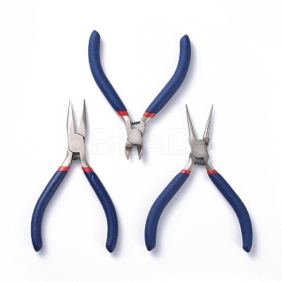 Set of 3 Jewelry Making Supplies Craft DIY Pliers Tool Set Flat Nosed Round Nosed Wire Cutter Pliers Blue TOOL-YW0001-07-1