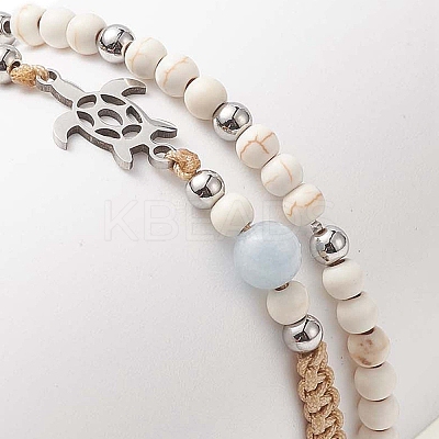 2Pcs 2 Style Synthetic Turquoise(Dyed) & Natural White Jade Braided Bead Bracelets Set BJEW-JB09255-1