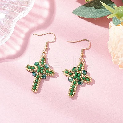 304 Stainless Steel Glass Seeds Cross Dangle Earrings EJEW-MZ00506-07-1