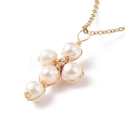 Natural Gemstone & Pearl Braided Cross Pendant Necklace NJEW-JN03920-1