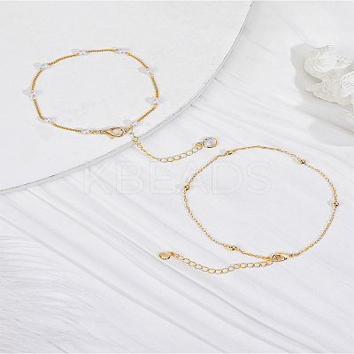 Brass Lucky Ball Chain Anklets & Brass Rhinestones and Resin Chain Bracelets Sets for Women SJEW-LP0001-12-1