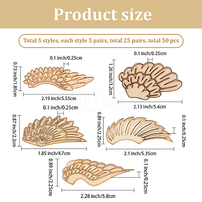 25 Pairs 5 Styles Unfinished Wooden Wing Cutouts WOOD-GF0010-37-1