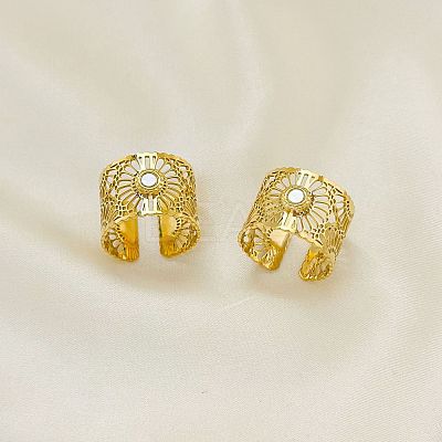 Hollow Out Flower 304 Stainless Steel with Natural Shell Cuff Open Rings for Women FS-WGFCCCD-01-1