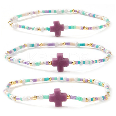3Pcs Bohemian Cross Charm Glass Seed Bead & Brass Beads Stretch Bracelet for Women SA4132-5-1