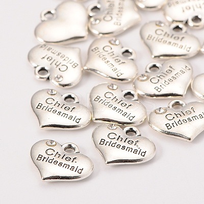 Wedding Theme Antique Silver Tone Tibetan Style Alloy Heart with Chief Bridesmaid Rhinestone Charms LS-TIBEP-N005-21D-1