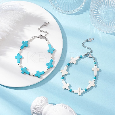 2Pcs 2 Colors Synthetic Turquoise & Non-magnetic Hematite Beaded Bracelets for Women BJEW-JB12222-1