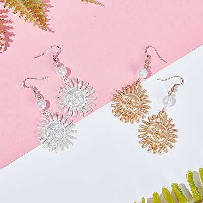 2 Pairs 2 Colors Alloy Sun with Smiling Face Dangle Earrings with Plastic Pearl Beaded EJEW-AN0001-82-1