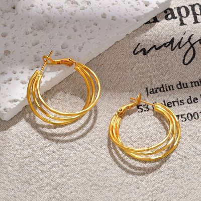 Brass Triple Hoop Earrings for Women EJEW-U055-01G-1